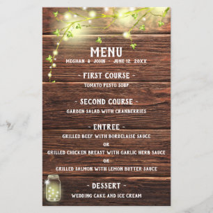 Rustic Country Wood Mason Jar Lights Wedding Menu