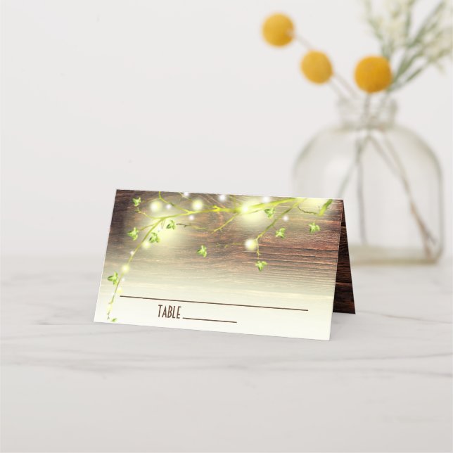 Rustic Country Wood Mason Jar String Lights Tree Place Card (Front)