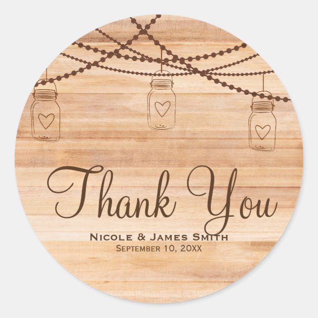 Rustic Country Wood & Mason Jars Barn Wedding Classic Round Sticker (Front)