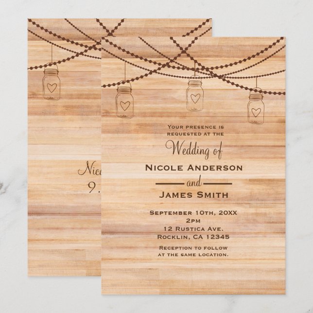 Rustic Country Wood & Mason Jars Barn Wedding Invitation (Front/Back)