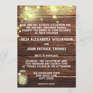 Rustic Country Wood Mason String Lights Wedding Invitation