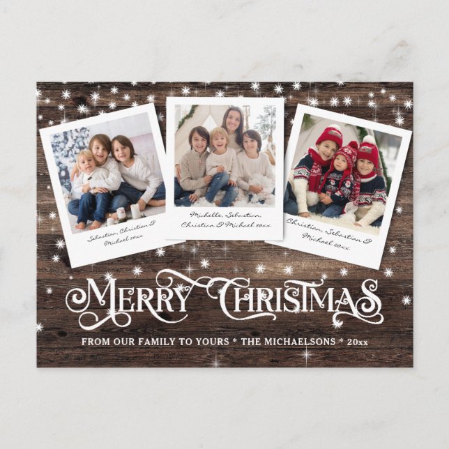 Rustic Country Wood Merry Christmas 3 Photo Holiday Postcard (Front)