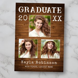Rustic Country Wood Plank 3 Photo Graduation Announcement