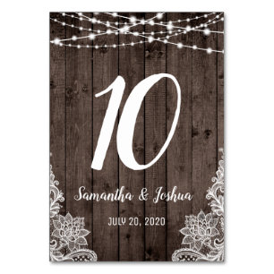 Rustic Country Wood String Lights Lace Wedding Table Number