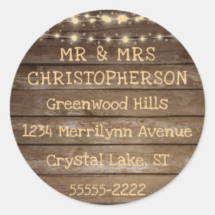 Rustic Country Wood & String Lights Return Address Classic Round Sticker