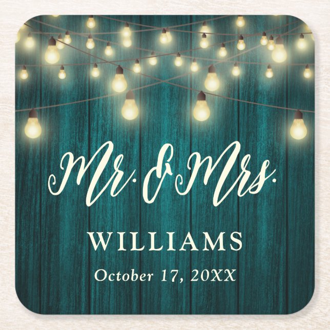 Rustic Country Wood String Lights Teal Wedding Square Paper Coaster (Front)