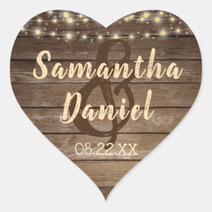 Rustic Country Wood & String Lights Wedding Heart Sticker