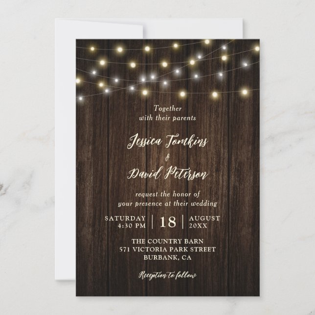 Rustic Country Wood String Lights Wedding Invitation (Front)