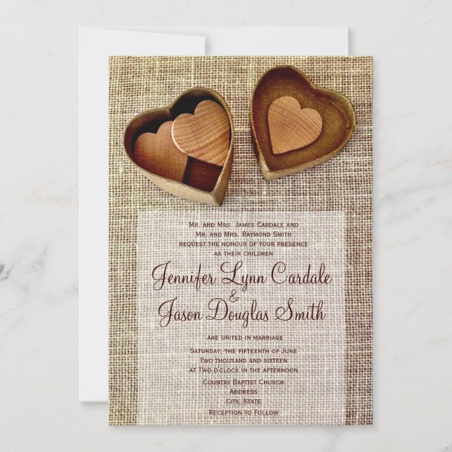 Rustic Country Wooden Hearts Burlap Wedding Invite (Front)