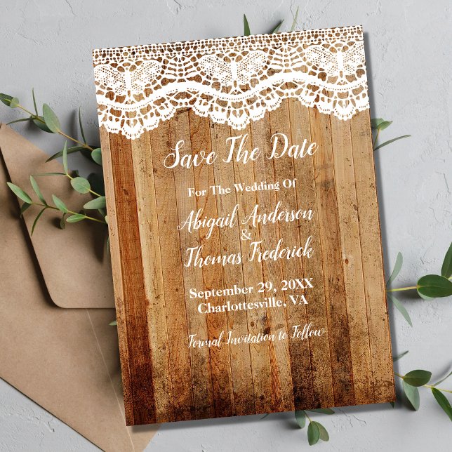 Rustic Country Wooden White Lace Save The Date Invitation (Creator Uploaded)