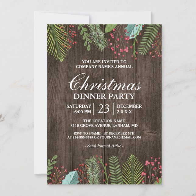 Rustic Country Woodgrain Holiday Christmas Party Invitation (Front)