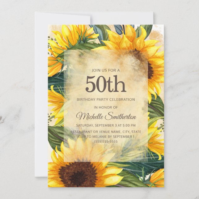 Rustic Country Yellow Sunflowers 50th Birthday Invitation (Front)