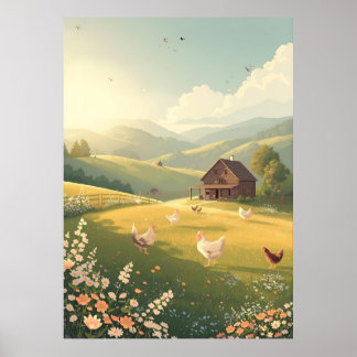 Rustic Countryside Cabin with Wildflowers  Poster