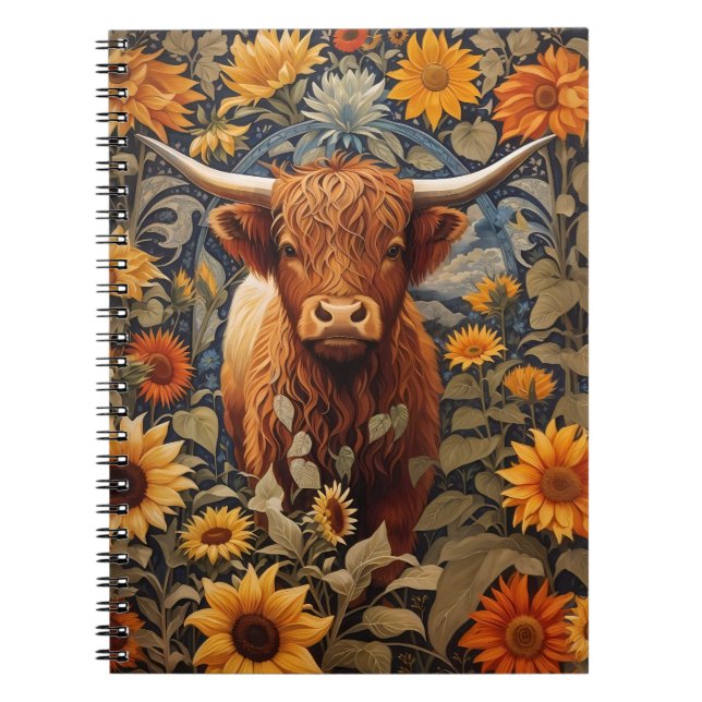 Rustic Countryside Highland Cow Sunflowers Notebook (Front)