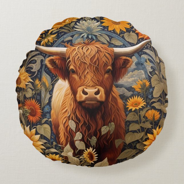 Rustic Countryside Highland Cow Sunflowers Round Pillow (Front)