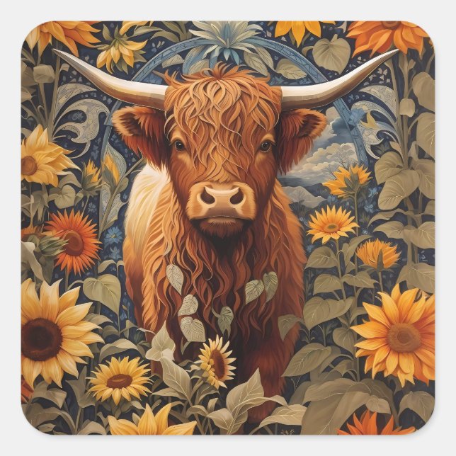 Rustic Countryside Highland Cow Sunflowers Square Sticker (Front)