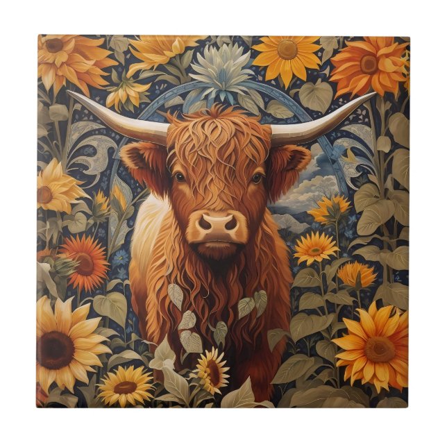Rustic Countryside Highland Cow Sunflowers Tile (Front)