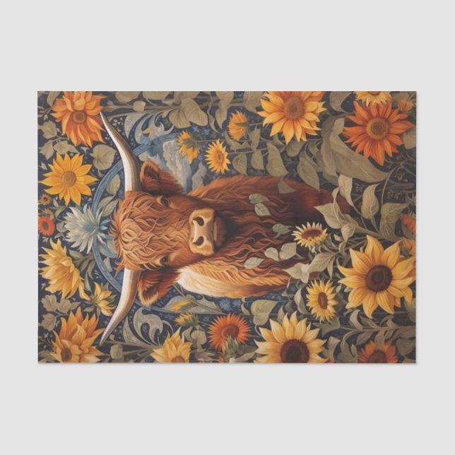 Rustic Countryside Highland Cow Sunflowers Tissue Paper (Front)