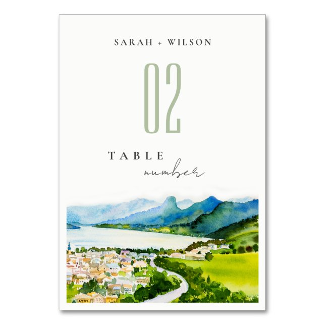 Rustic Countryside Lake Village Landscape Wedding Table Number (Front)