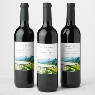 Rustic Countryside Lake Village Landscape Wedding Wine Label