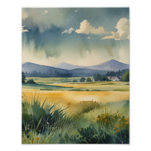 Rustic Countryside Scene Watercolor Poster