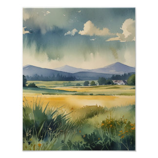 Rustic Countryside Scene Watercolor Poster