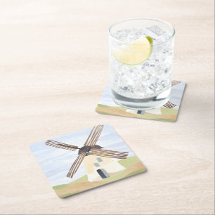 Rustic Countryside Windmill   Watercolor Painted Square Paper Coaster