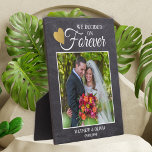 Rustic Couple Wedding Photo Gold Heart  Chalkboard Plaque<br><div class="desc">Rustic couple wedding photo frame in chalkboard personalized with name and date. The quote ‘we decided forever’ adds a romantic element to the photo plaque.</div>