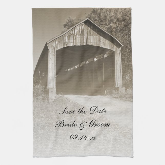 Rustic Covered Bridge Wedding Save the Date Kitchen Towel (Vertical)