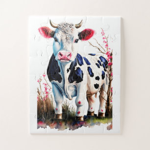 Rustic Cow Art with Blossoms – Farmhouse Decor Jigsaw Puzzle