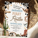 Rustic Cow-print Western First Rodeo 1st Birthday Invitation<br><div class="desc">Rustic Cow-print Western First Rodeo 1st Birthday Invitation First rodeo birthday invitation for a baby boy featuring a rope text heading, cowboy boot, rope, cowboy hat, cactus, barrel and more. This wild west saddle up and ride over 1st rodeo birthday invitation is ideal for a rodeo or western first birthday...</div>
