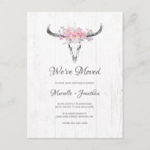 Rustic Cow Skull Blush Floral Boho Moving Announcement Postcard