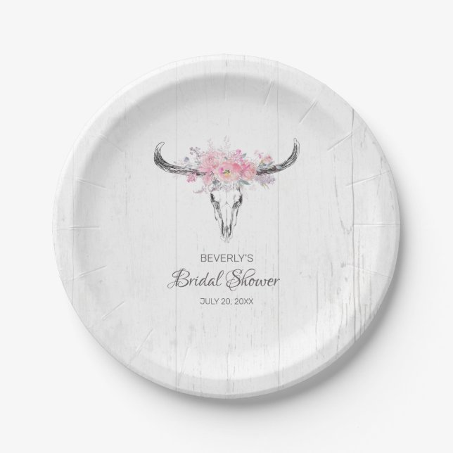 Rustic Cow Skull Boho Blush Floral Bridal Shower Paper Plate (Front)