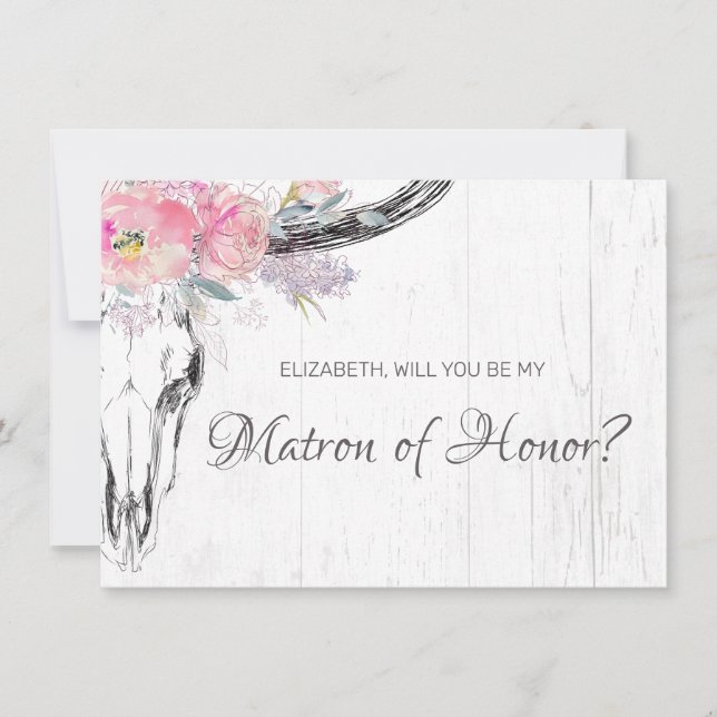 Rustic Cow Skull Boho Blush Floral Matron of Honou Invitation (Front)