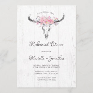 Rustic Cow Skull Boho Floral Pink Rehearsal Dinner Invitation