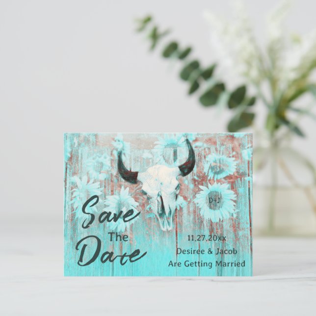Rustic Cow Skull Boho Teal Western Sunflowers Announcement Postcard (Standing Front)