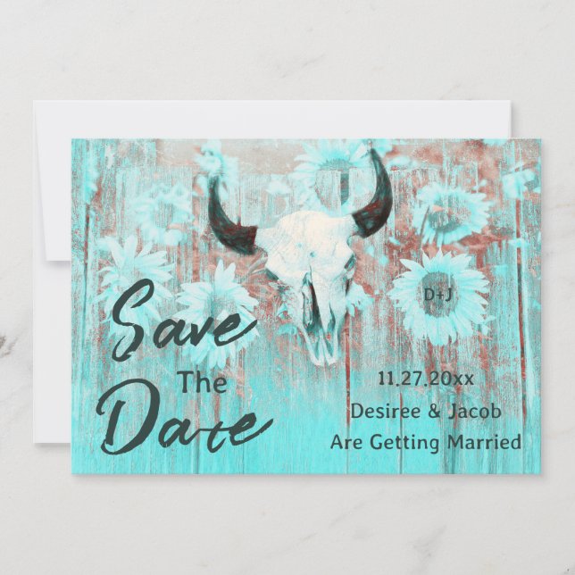 Rustic Cow Skull Boho Teal Western Sunflowers Save The Date (Front)