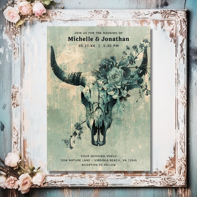 Rustic Cow Skull Floral Boho Western Wedding Invitation (Front - Rustic Cow Skull Floral Boho Western Wedding Invitation)