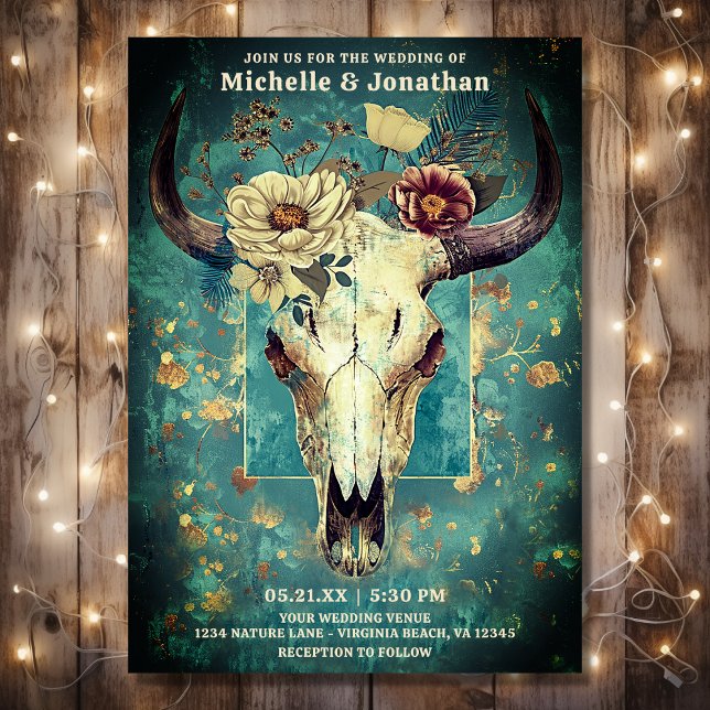 Rustic Cow Skull Floral Boho Western Wedding Invitation (Front - Rustic Cow Skull Floral Boho Western Wedding Invitation)