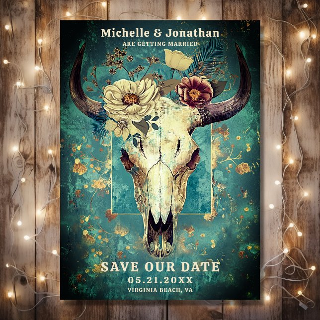Rustic Cow Skull Floral Boho Western Wedding Save The Date (Front - Rustic Cow Skull Floral Boho Western Wedding Save The Date)