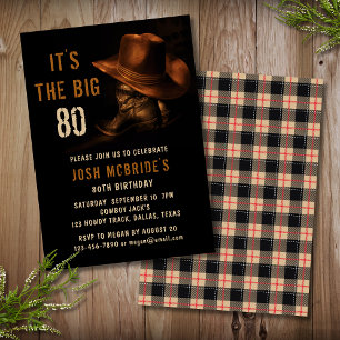 Rustic Cowboy 80th Birthday Western Boots Invitation