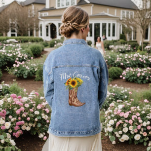 Rustic Cowboy Boot Sunflower Wedding Mrs Bride  Denim Jacket