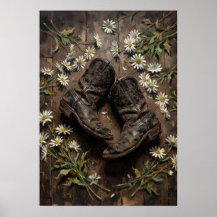 Rustic Cowboy Boots and Daisies Still Life Poster