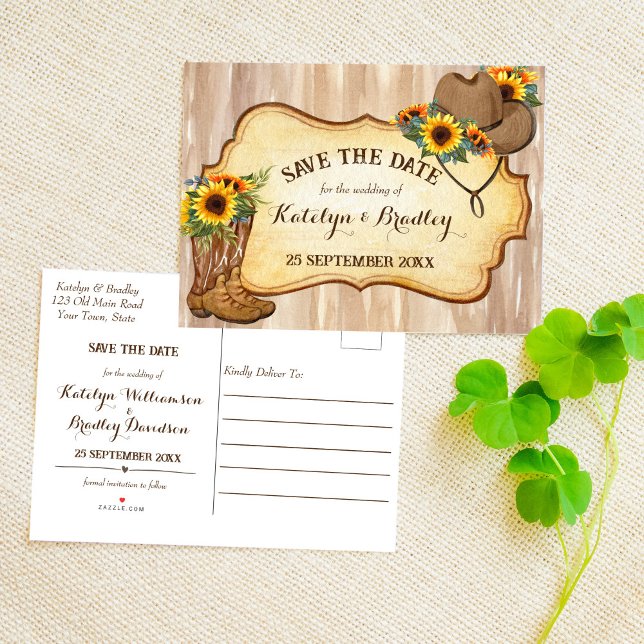 Rustic cowboy boots and hat sunflowers watercolor announcement postcard (Creator Uploaded)