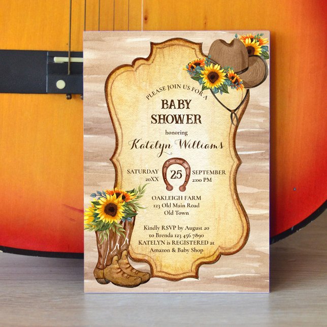 Rustic cowboy boots and hat sunflowers watercolor  invitation (Creator Uploaded)