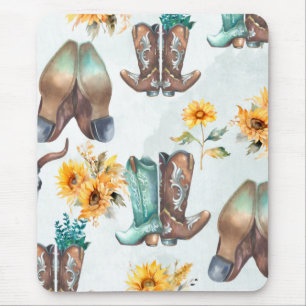 Rustic Cowboy Boots and Sunflowers Watercolor Mouse Pad