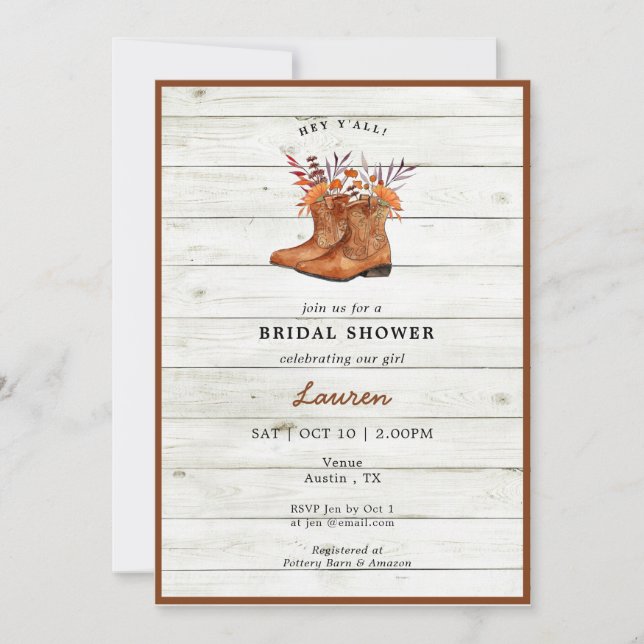 Rustic Cowboy Boots Bridal shower Invitation (Front)