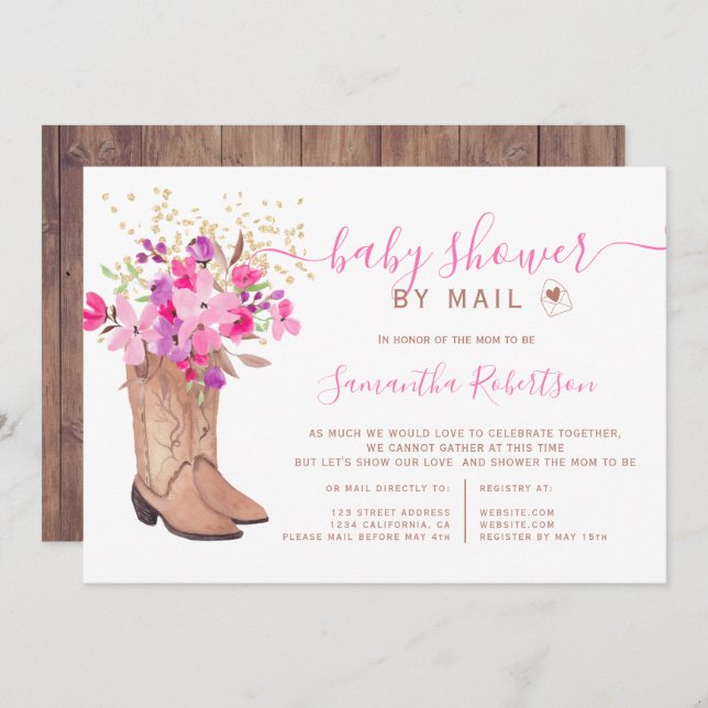 Rustic cowboy boots floral baby shower by mail invitation (Front/Back)