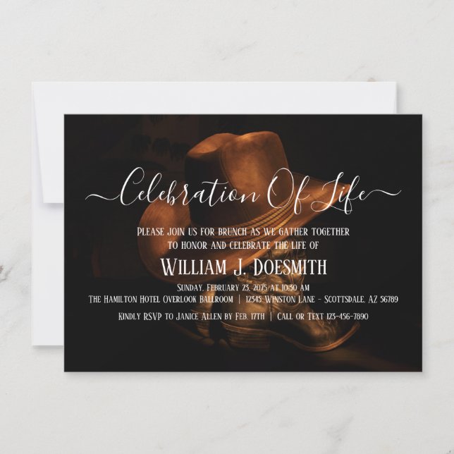 Rustic Cowboy Boots Hat Memorial Service Funeral Invitation (Front)