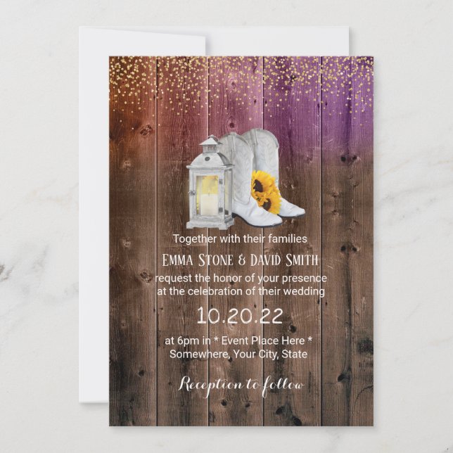 Rustic Cowboy Boots Lantern Gold Confetti Wedding Invitation (Front)